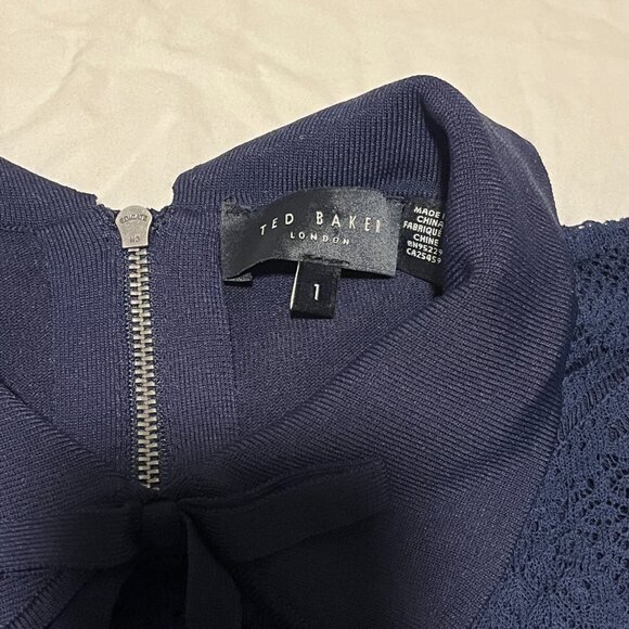 Ted Baker Navy Knit Dress Peter Pan Collar Bow Circle Skirt Twee Lace Size 1 - Picture 4 of 6